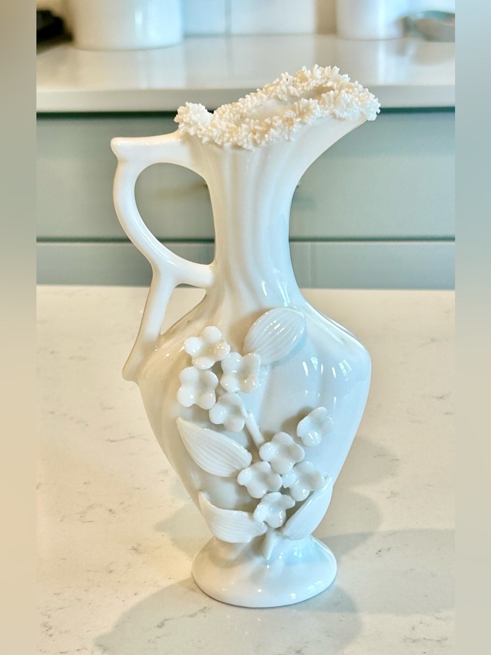 Vintage Ardalt Japan Verithin White Porcelain Vase with Floral Appliqué